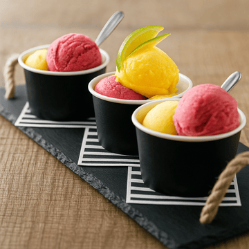 Vaschetta nera in cartoncino, per gelati. Tre ripiene di gelato disposte su vassoio di ardesia